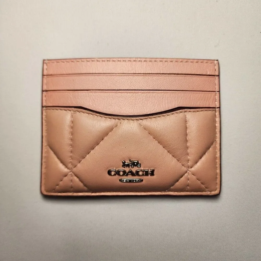 NWT Coach CJ525 Slim Id Card Case With Puffy Diamond Quilting Silver Light Pink